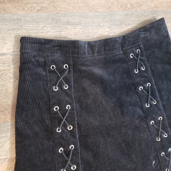 Grommets Lace Up Corduroy Zip Rib Black A-Line Mini Skirt Y2K Goth Punk Witchy - Picture 5 of 12